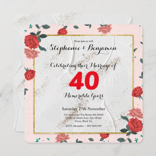 Invitation Ruby 40e anniversaire Mariage typographie personna (Devant / Derrière)