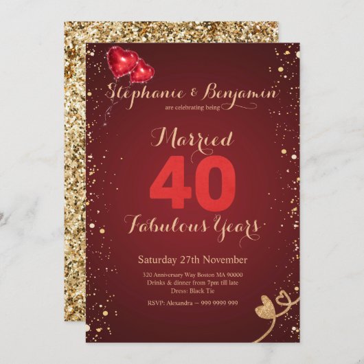 Invitation Ruby 40e Mariage Anniversaire Parties scintillant  (Devant / Derrière)