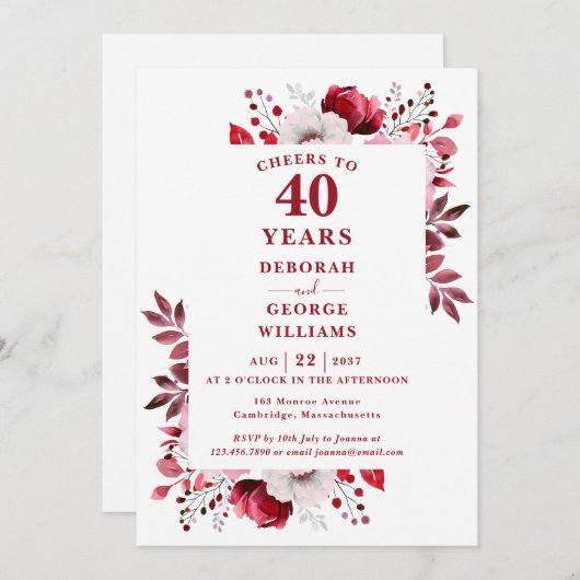 Invitation Ruby Accueille À 40 Anniversaire Mariage (Devant / Derrière)