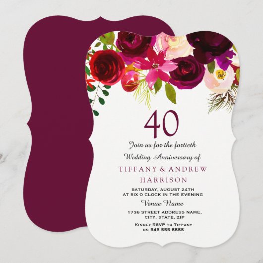 Invitation Ruby Burgundy Rouge Floral 40e Anniversaire de Mar (Devant / Derrière)