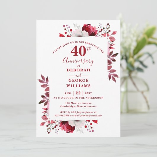 Invitation Ruby Elegant Floral 40e anniversaire Mariage (Debout devant)
