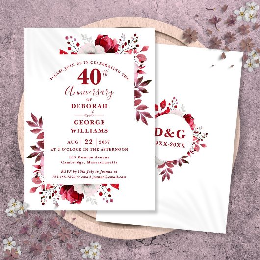 Invitation Ruby Elegant Floral 40e anniversaire Mariage