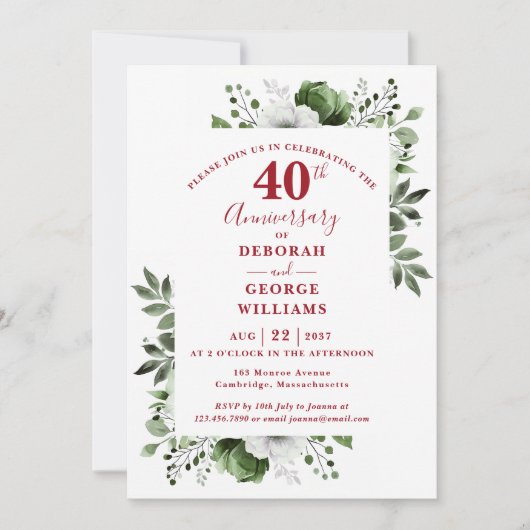 Invitation Ruby Elegant Greenery 40e anniversaire de Mariage (Devant)