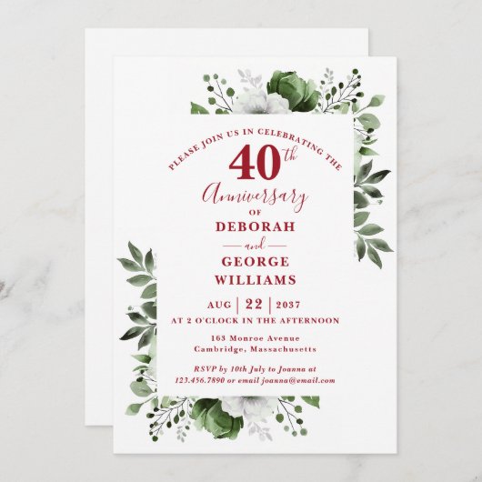 Invitation Ruby Elegant Greenery 40e anniversaire de Mariage (Devant / Derrière)