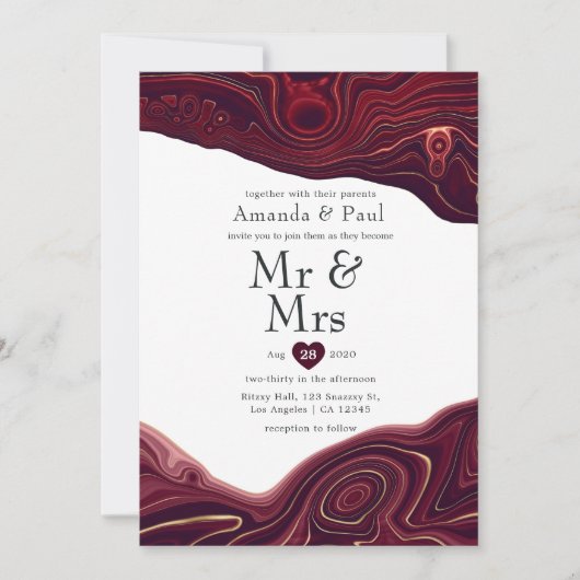 Invitation Ruby Garnet et Gold Strata Agate Mr & Mrs Mariage (Devant)