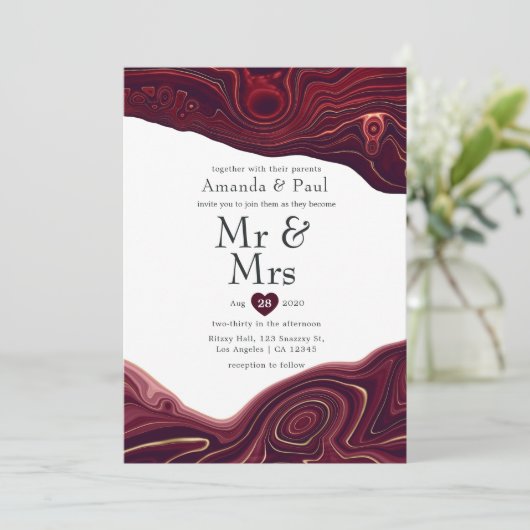 Invitation Ruby Garnet et Gold Strata Agate Mr & Mrs Mariage (Debout devant)