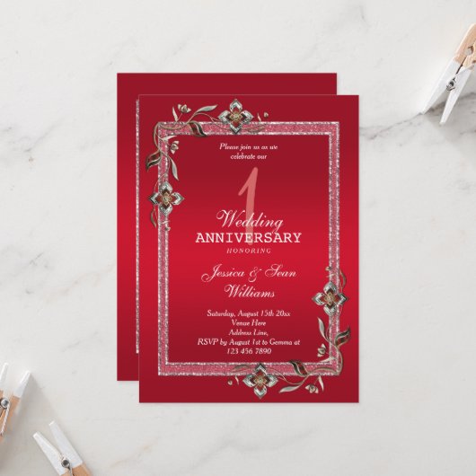 Invitation Ruby Gem & Parties scintillant 1er anniversaire Ma (Devant/Arrière en situation)