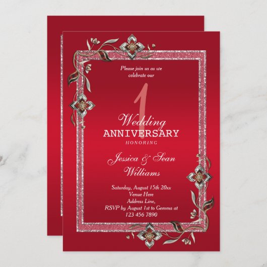 Invitation Ruby Gem & Parties scintillant 1er anniversaire Ma (Devant / Derrière)