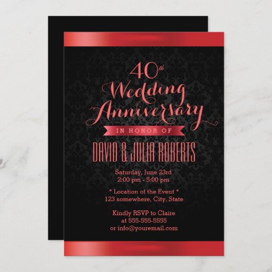 Invitation Ruby Mariage Anniversaire Élégant noir Damas (Devant / Derrière)