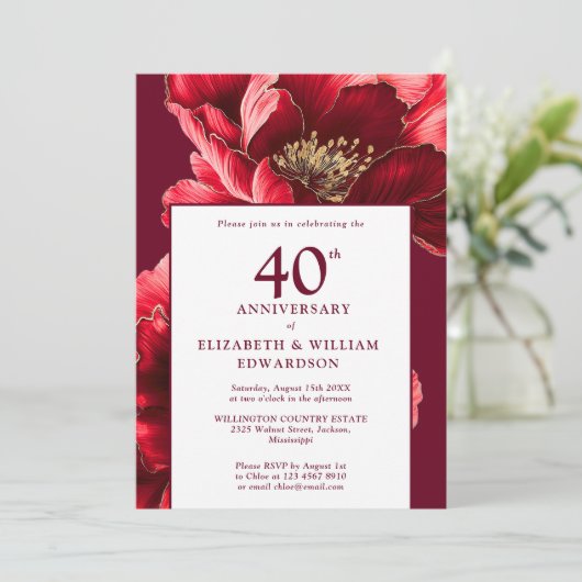 Invitation Ruby moderne Rouge et or Floral 40e anniversaire (Debout devant)