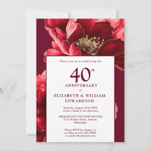 Invitation Ruby moderne Rouge et or Floral 40e anniversaire