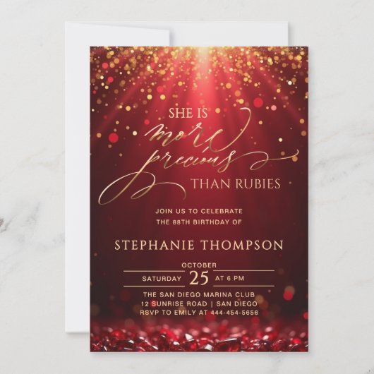 Invitation Ruby More Precious Red Gold Glitter 80th Birthday (Devant)