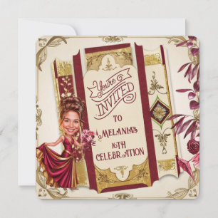 Invitation Ruby personnalisé Rouge et or Doux 16 Caricature