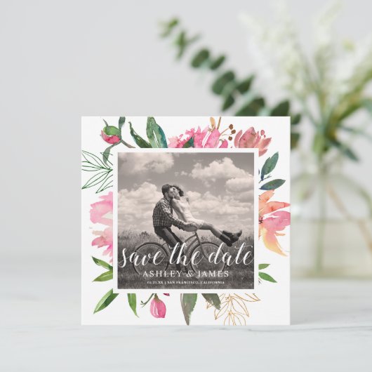 Invitation Ruby Pink Peony Botanical Photo Enregistrer la dat (Debout devant)