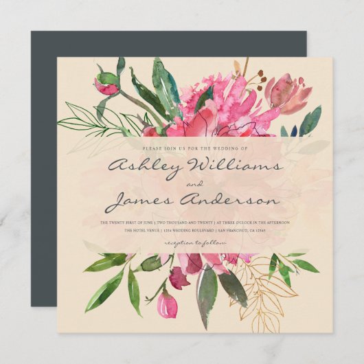 Invitation Ruby Pink Peony Floral Bouquet Mariage ivoire (Devant / Derrière)