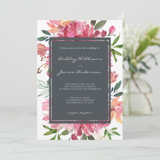 Invitation Ruby Pink Peony Floral Mariage (Debout devant)