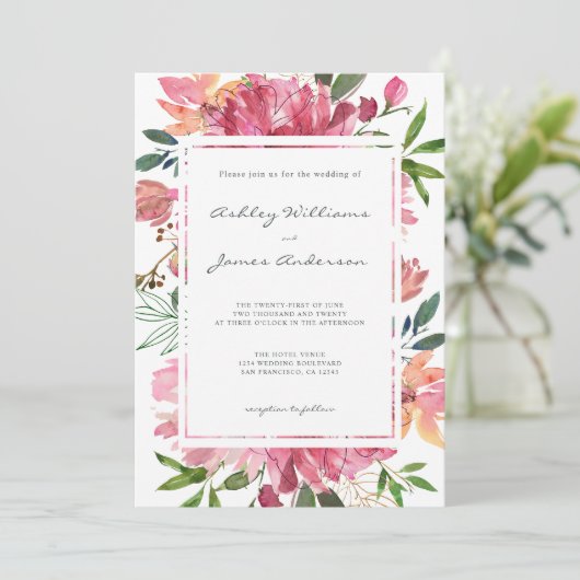 Invitation Ruby Pink Peony Floral Mariage botanique (Debout devant)