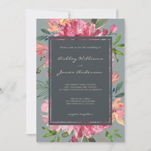 Invitation Ruby Pink Peony Mariage vert floral (Devant)