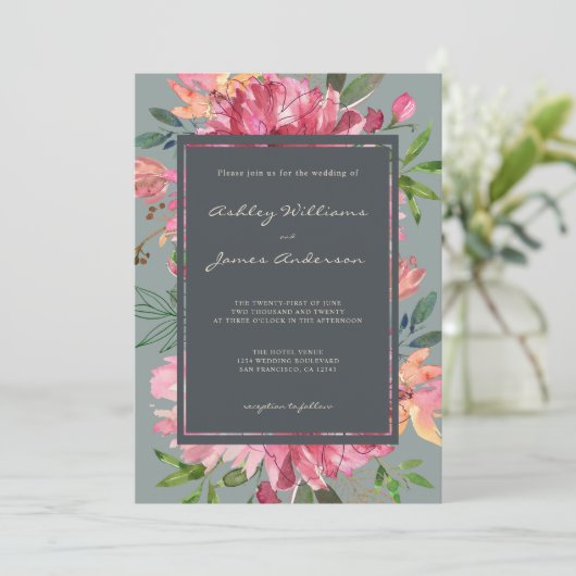 Invitation Ruby Pink Peony Mariage vert floral (Debout devant)
