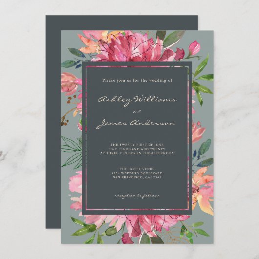 Invitation Ruby Pink Peony Mariage vert floral (Devant / Derrière)