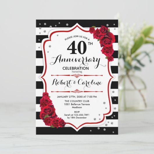 Invitation Ruby Red 40e Anniversaire - Rayures Noires Blanche (Debout devant)
