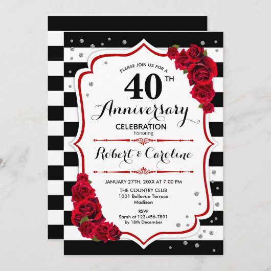 Invitation Ruby Red 40e Anniversaire - Rayures Noires et Blan (Devant / Derrière)