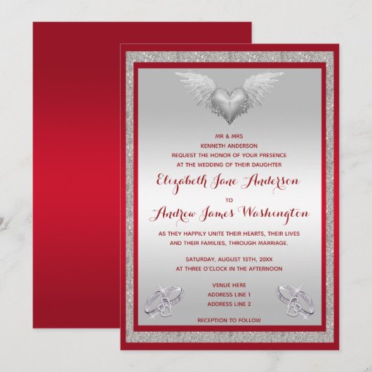 Invitation Ruby Red, Bagues étincelantes et Mariage de coeur  (Devant / Derrière)