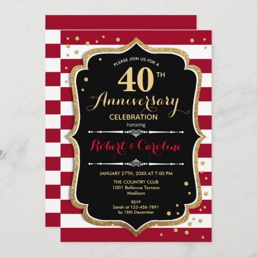Invitation Ruby Red Black Gold 40e Anniversaire (Devant / Derrière)