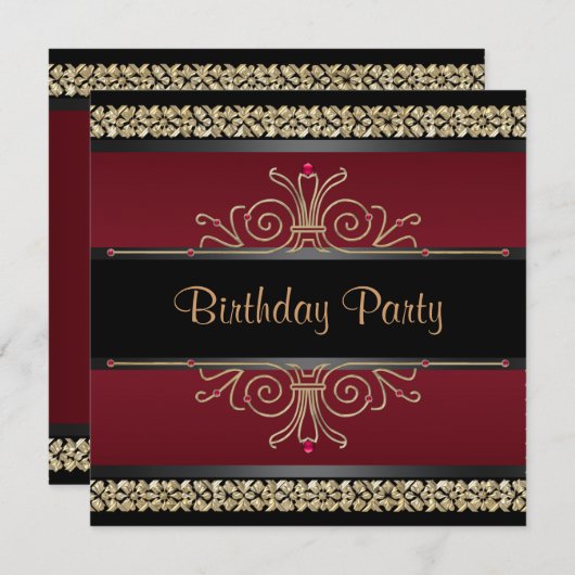 Invitation Ruby Red Black Gold Womans fête d'anniversaire (Devant / Derrière)