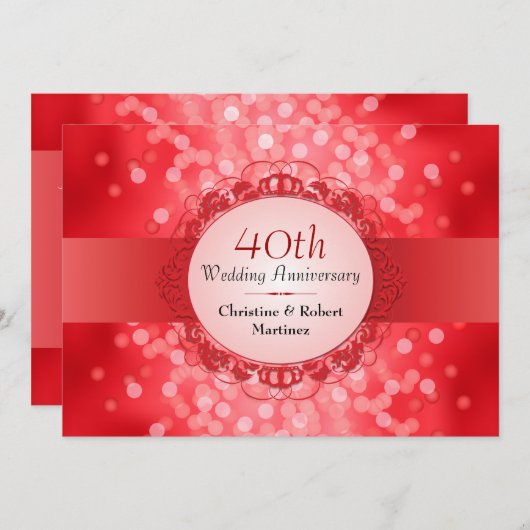 Invitation Ruby Red Bokeh fête du 40e anniversaire (Devant / Derrière)