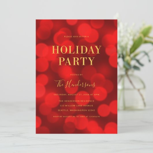 Invitation Ruby Red Bokeh Lights Faux Gold (Debout devant)
