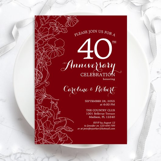Invitation Ruby Red Floral 40e Anniversaire