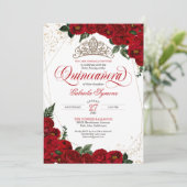 Invitation Ruby Red Floral Rose & Gold Elegant Quinceañera (Debout devant)