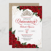 Invitation Ruby Red Floral Rose & Gold Elegant Quinceañera (Devant / Derrière)
