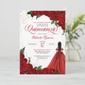 Invitation Ruby Red Floral Rose & Gold Elegant Quinceañera (Debout devant)