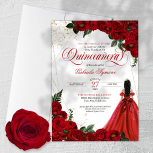 Invitation Ruby Red Floral Rose & Gold Elegant Quinceañera