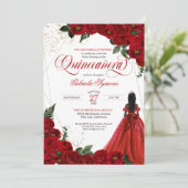Invitation Ruby Red Floral Rose & Or Elegant Quinceañera In (Debout devant)