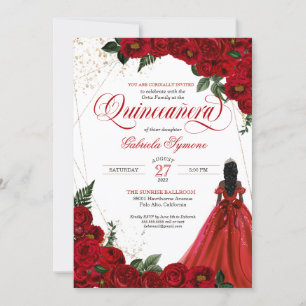 Invitation Ruby Red Floral Rose & Or Elegant Quinceañera In