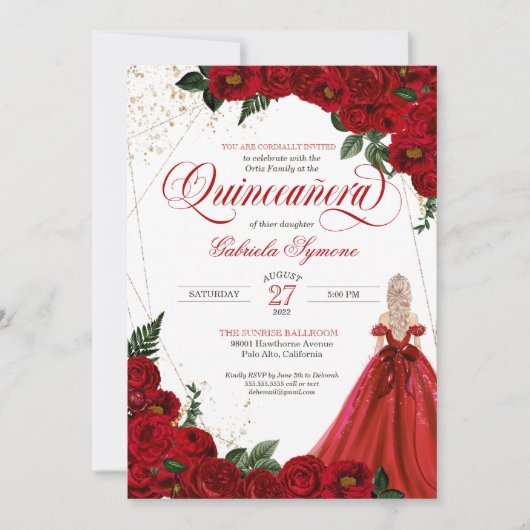 Invitation Ruby Red Floral Rose & Or Elegant Quinceañera In (Devant)