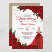 Invitation Ruby Red Floral Rose & Or Elegant Quinceañera In (Devant / Derrière)