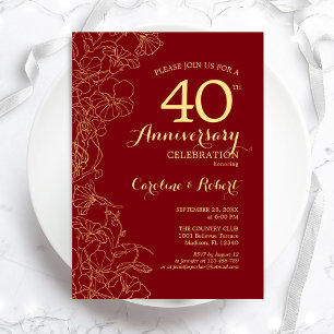 Invitation Ruby Red Gold Floral 40e Anniversaire
