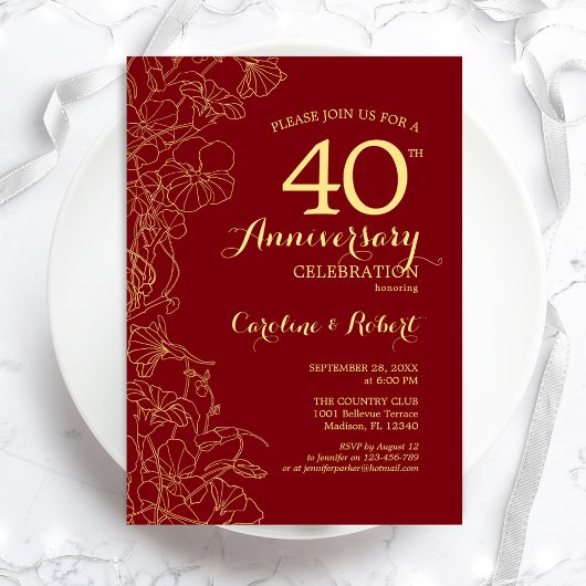 Invitation Ruby Red Gold Floral 40e Anniversaire