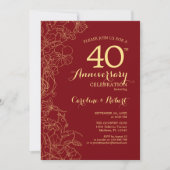 Invitation Ruby Red Gold Floral 40e Anniversaire (Devant)