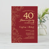 Invitation Ruby Red Gold Floral 40e Anniversaire (Debout devant)