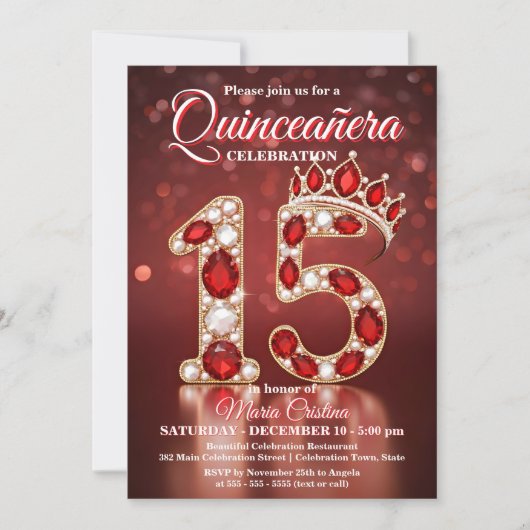 Invitation Ruby Red Gold Gemstone Princesse Crown Quinceañera (Devant)