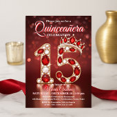 Invitation Ruby Red Gold Gemstone Princesse Crown Quinceañera