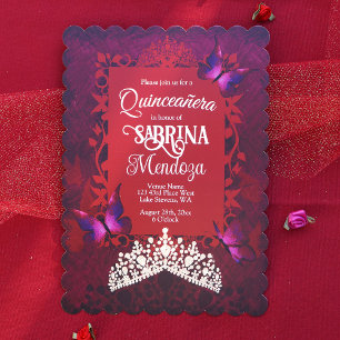 Invitation Ruby Red, Gold Tiara, Papillons roses Quinceanera