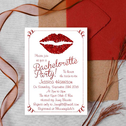 Invitation Ruby Red Lips Parties scintillant effet Bacheloret