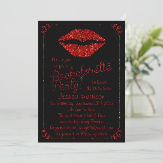 Invitation Ruby Red Lips Parties scintillant effet Bacheloret (Debout devant)