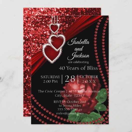 Invitation Ruby Red Parties scintillant et Rose (Devant / Derrière)